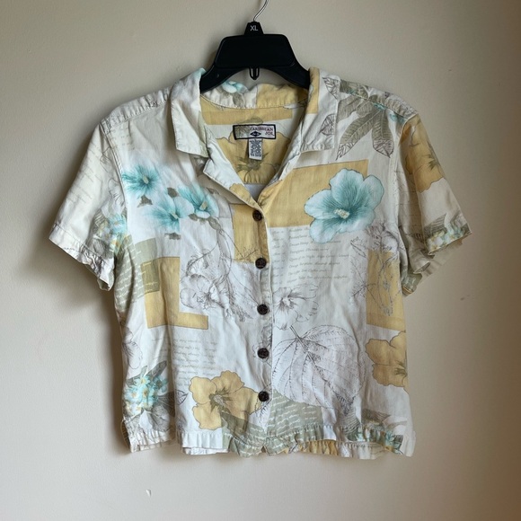 Caribbean Joe Tropical Beige Green Button Front Short Sleeve Blouse Top Large - Picture 2 of 5